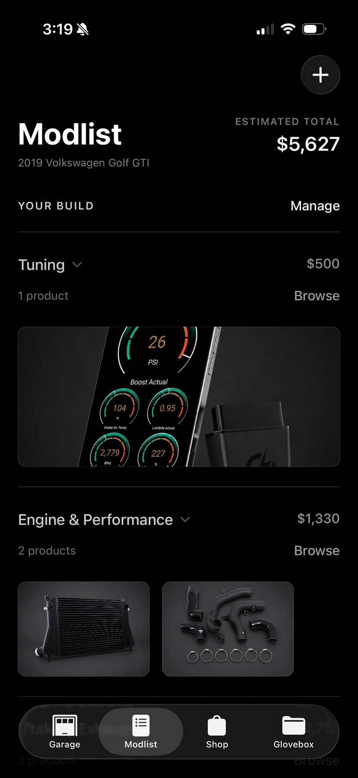 Modlist showing a $5,627 estimated build total, a Tuning category with a vehicle monitor, and Engine & Performance products.