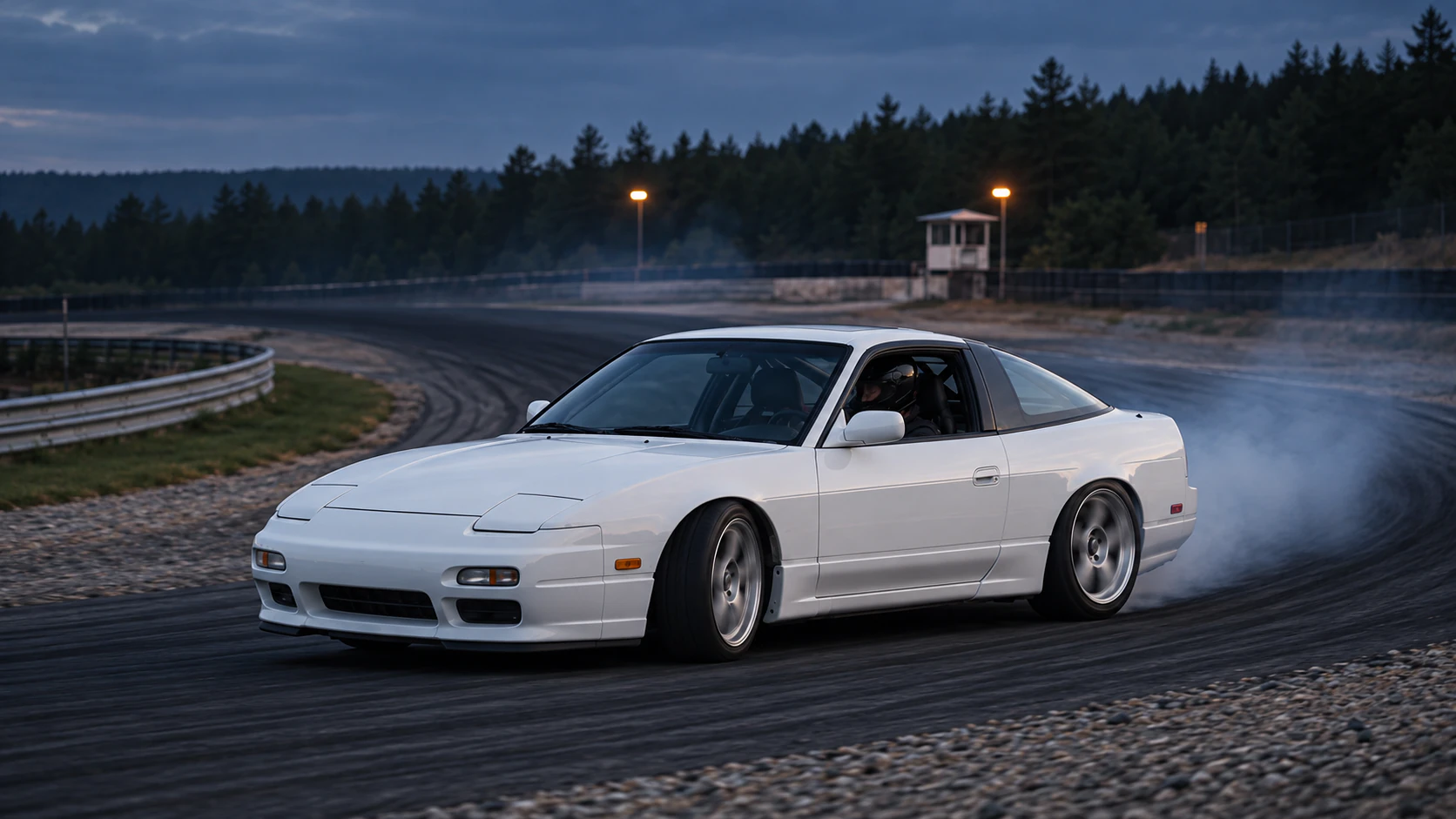 A white Nissan 240SX drifting through a wooded circuit at dusk.